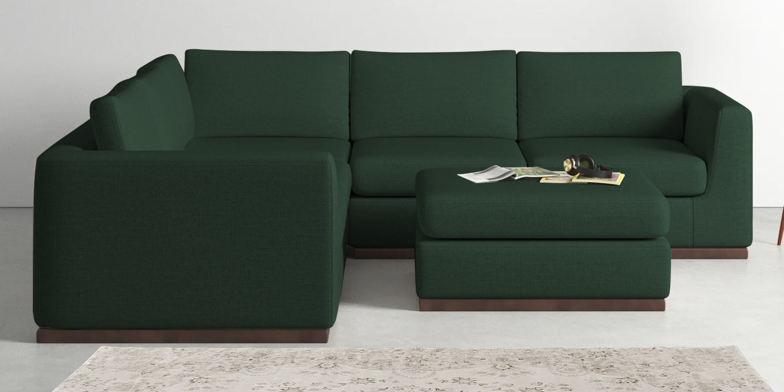 Freedom Velvet 6 Seater LHS Sectional Sofa In Amazon Green Colour With Ottoman