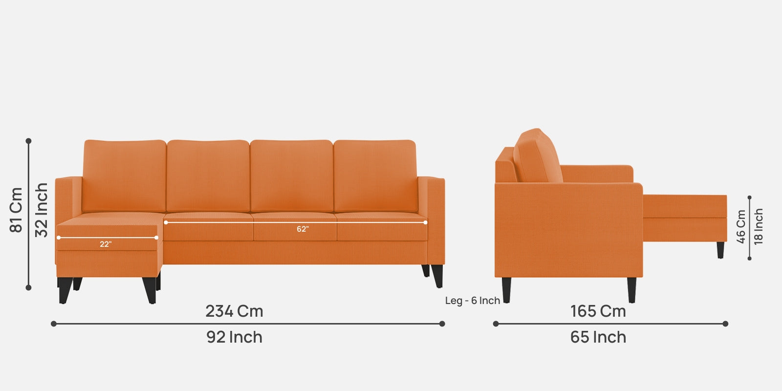 Nori Fabric RHS Sectional Sofa (3 + Lounger) In Dark Orange Colour