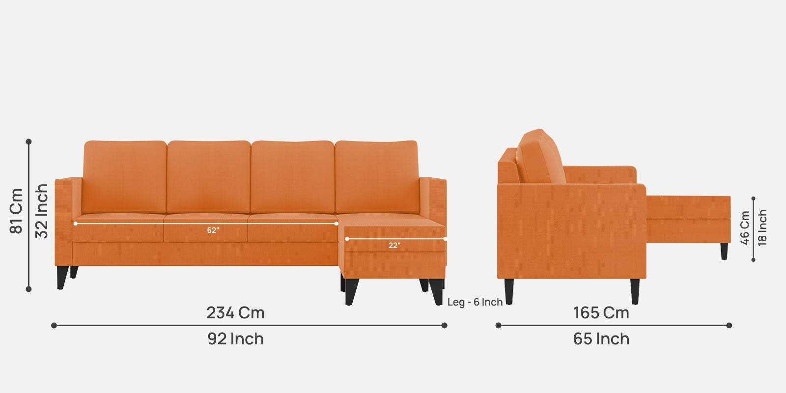 Nori Fabric LHS Sectional Sofa (3 + Lounger) In Dark Orange Colour