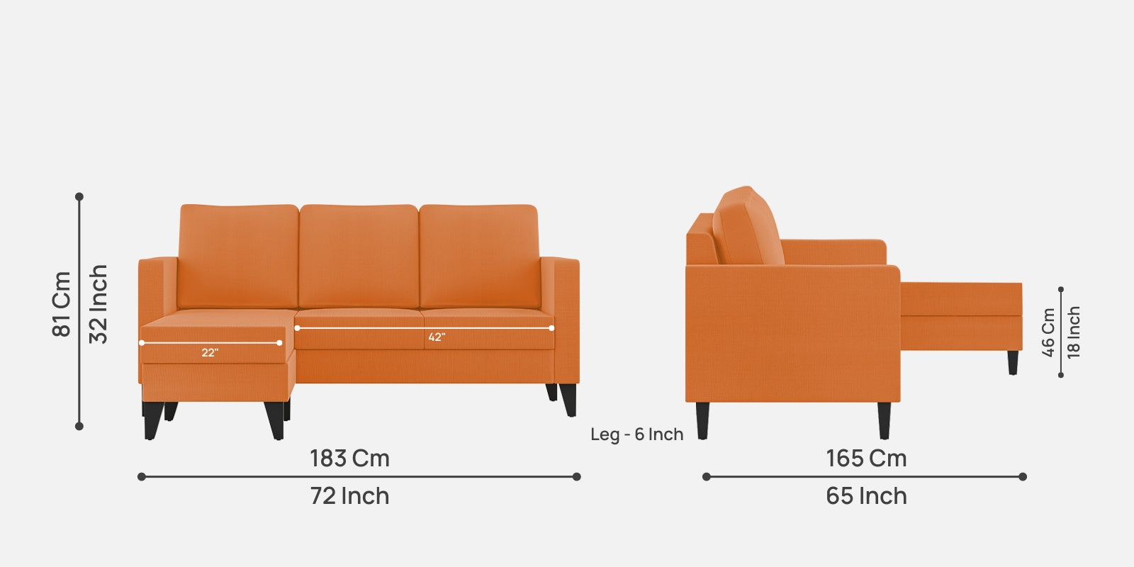 Nori Fabric RHS Sectional Sofa (2 + Lounger) In Dark Orange Colour