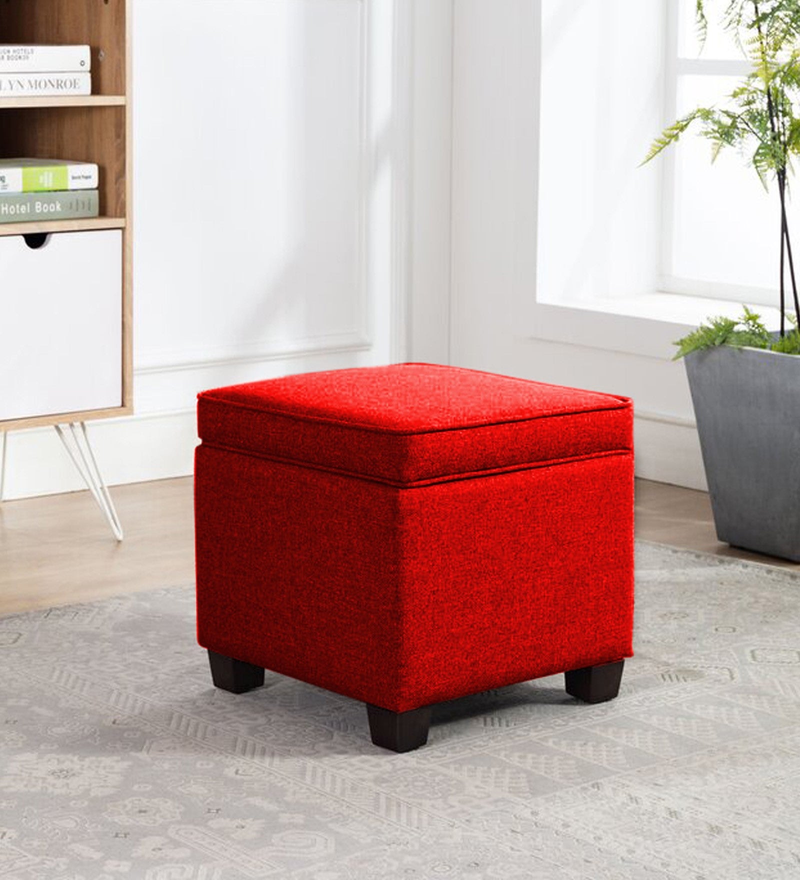 Sudan Fabric Storage Ottoman in Ruby Red Colour