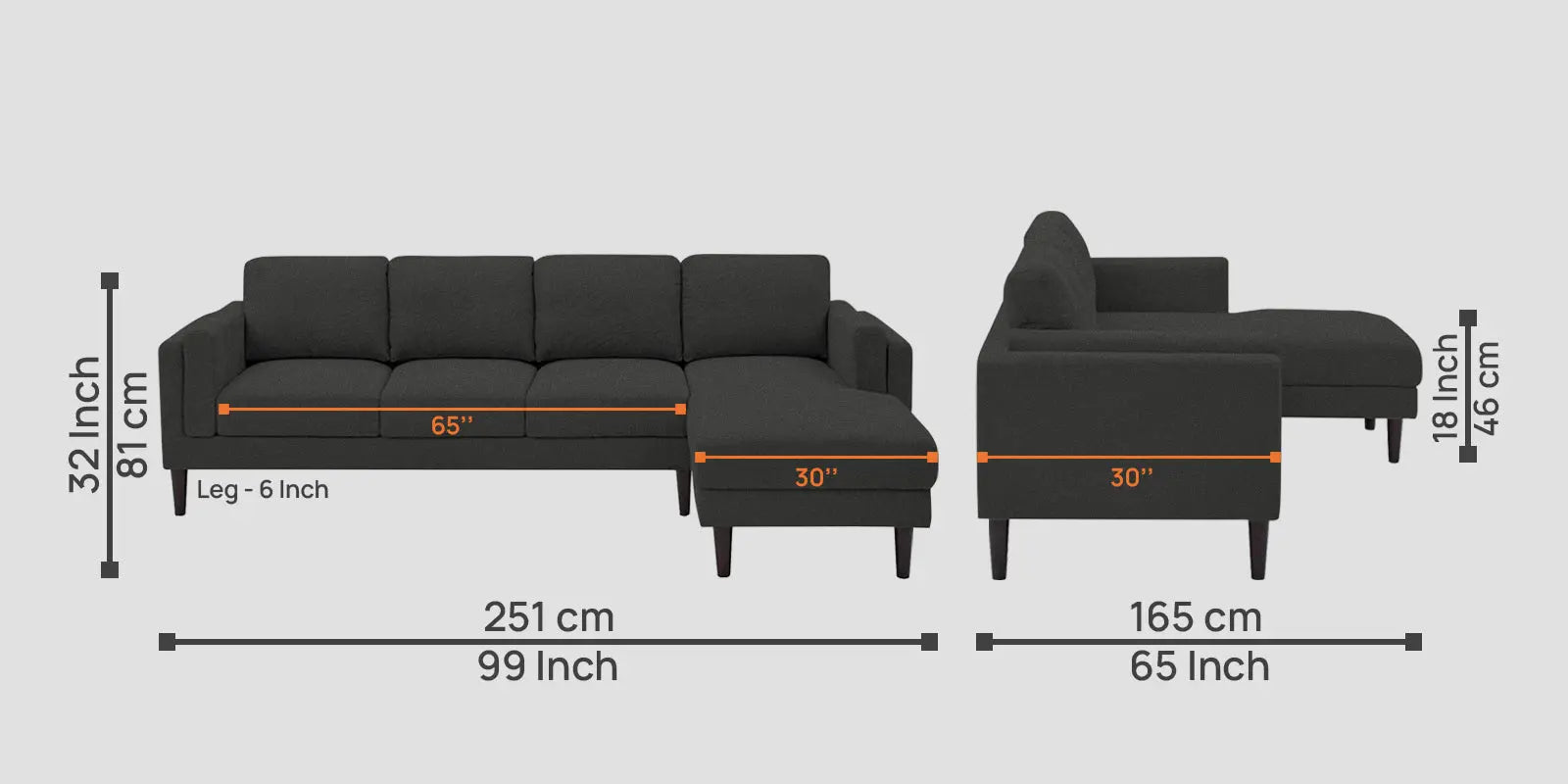 Creata Fabric LHS Sectional Sofa (3+Lounger) In Charcoal Grey Colour Febonic Living