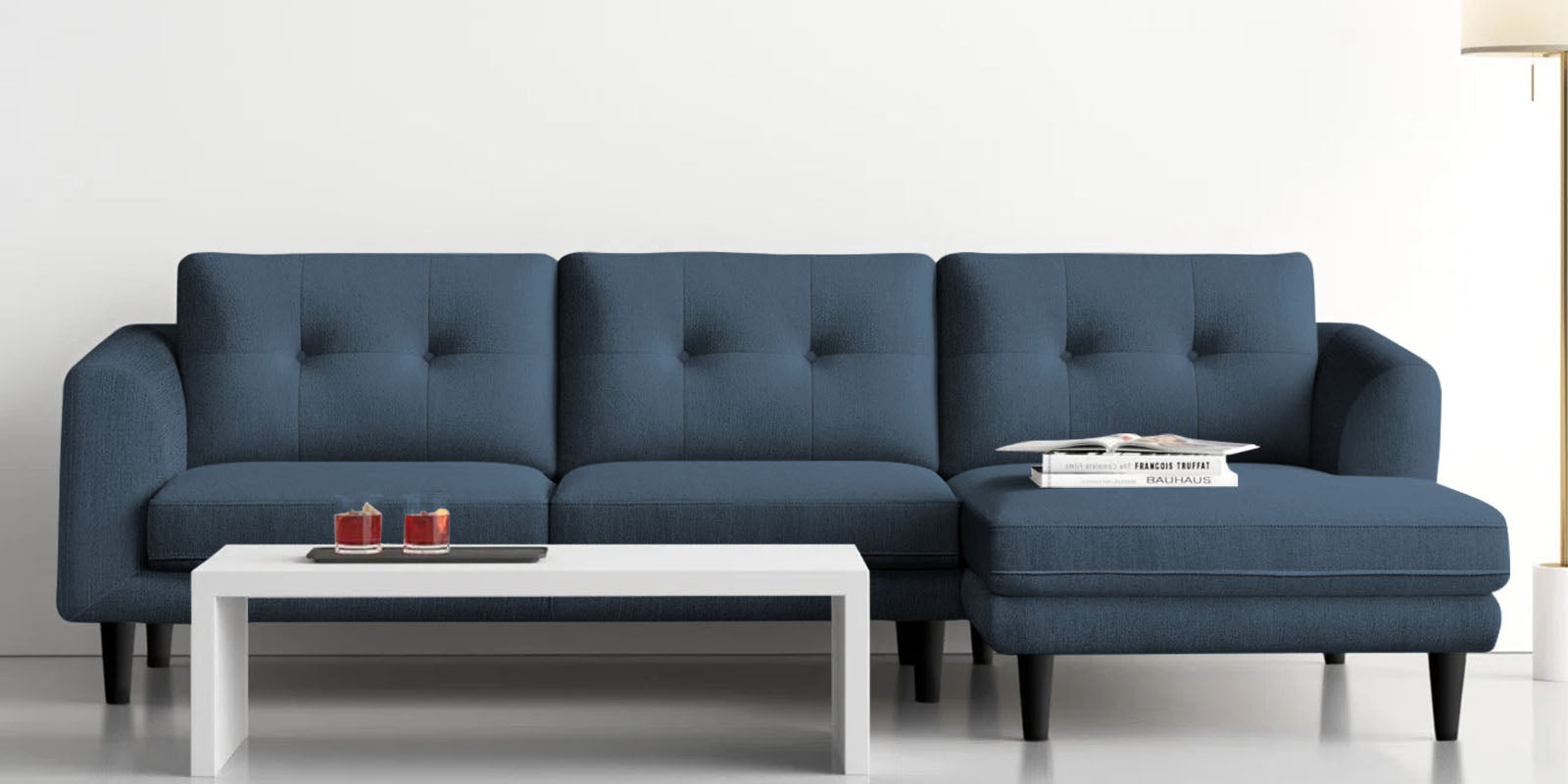 Natasha Velvet LHS Sectional Sofa (3+Lounger) in Oxford Blue Colour