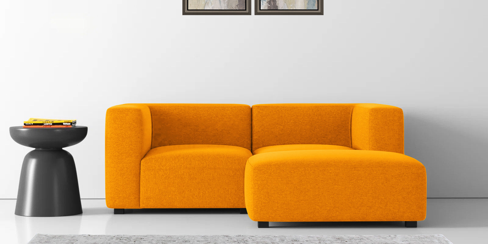 Dora Velvet LHS Sectional Sofa (2+Ottoman) In Saffron Yellow Colour