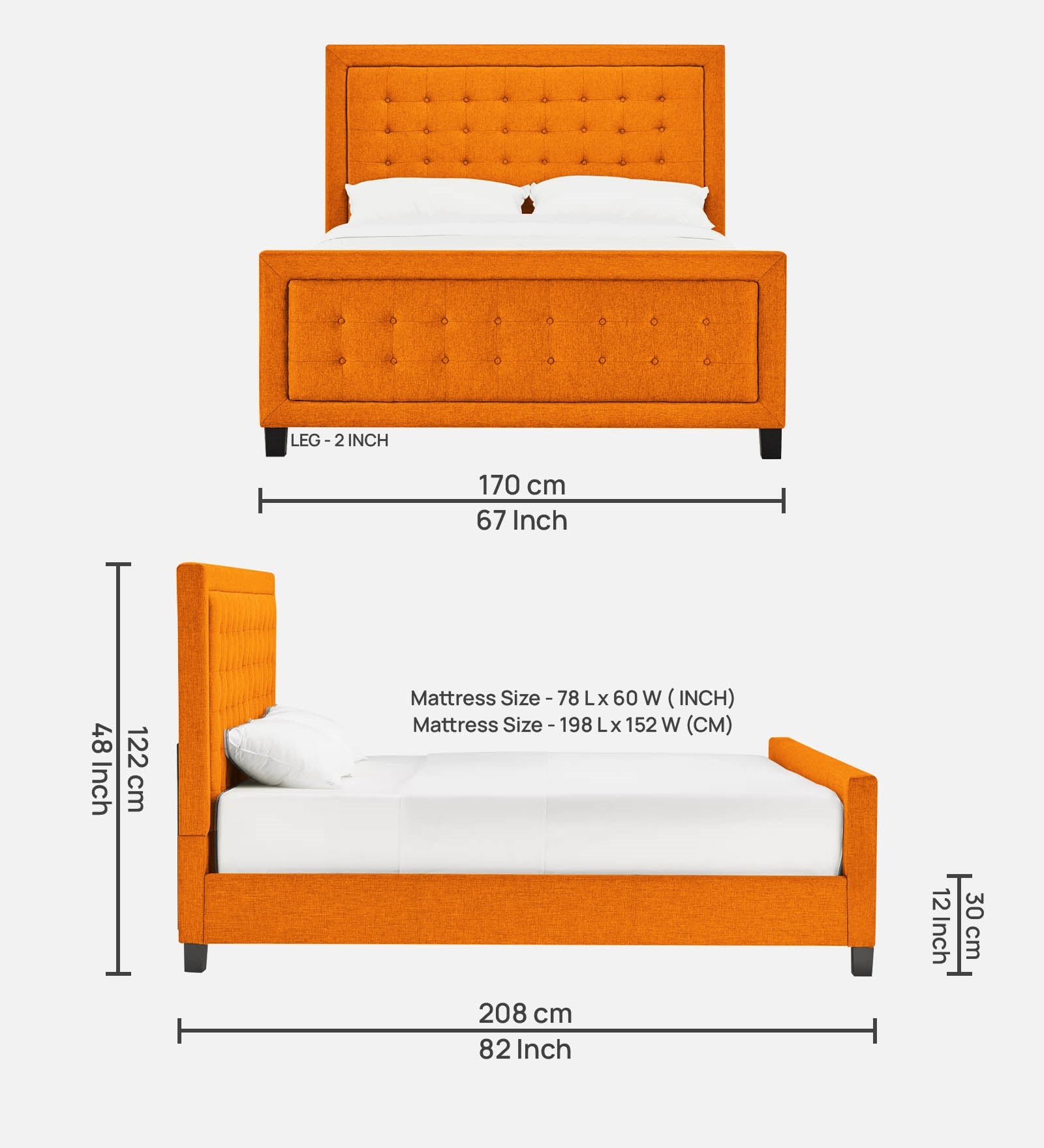 Kaster Fabric Queen Size Bed In Vivid Orange Colour