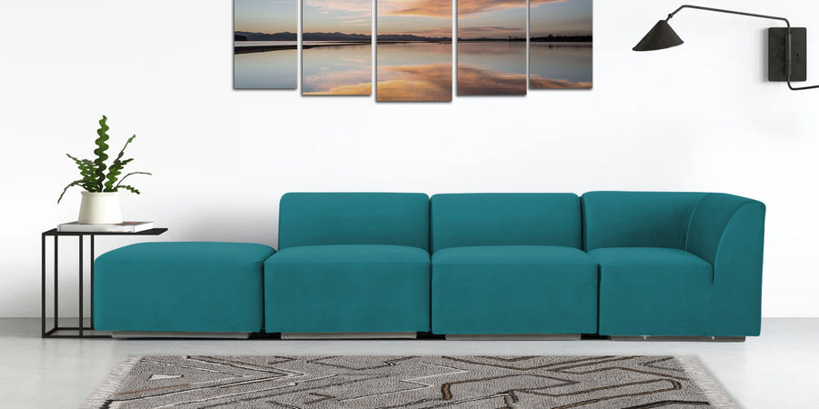 Bufa Velvet Lhs Sectional Sofa In Arabian Green Colour With Ottoman - Febonic Living