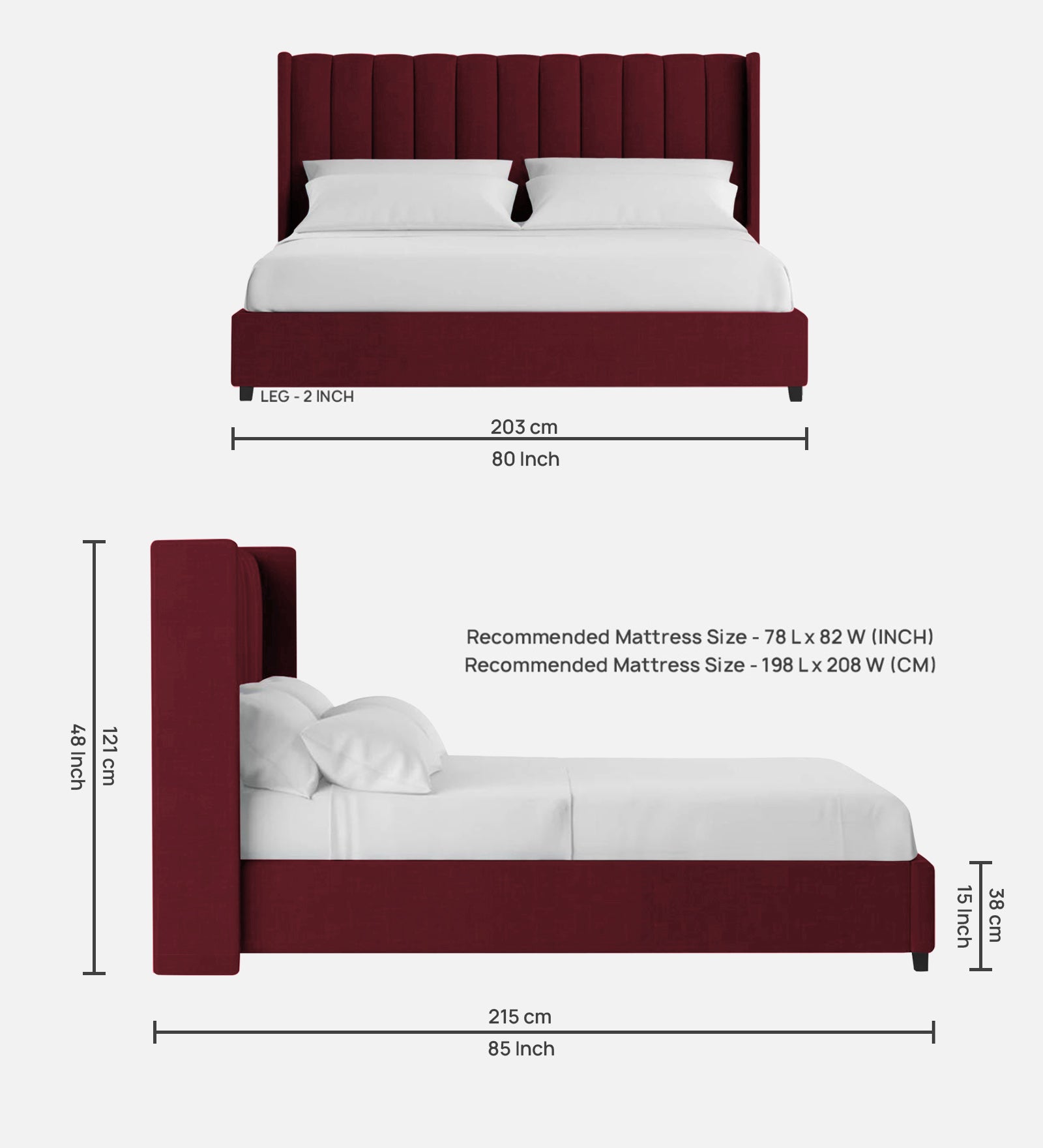 Colina Fabric King Size Bed In Blood Maroon Colour With Box Storage