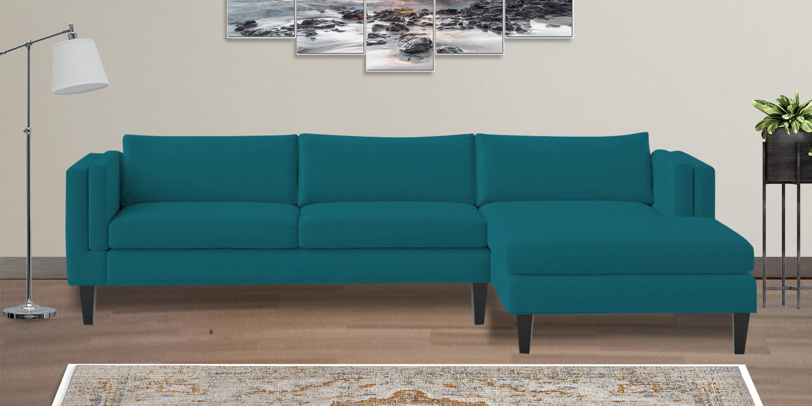 Jasper Velvet LHS Sectional Sofa (3+Lounger) in Pine green Colour