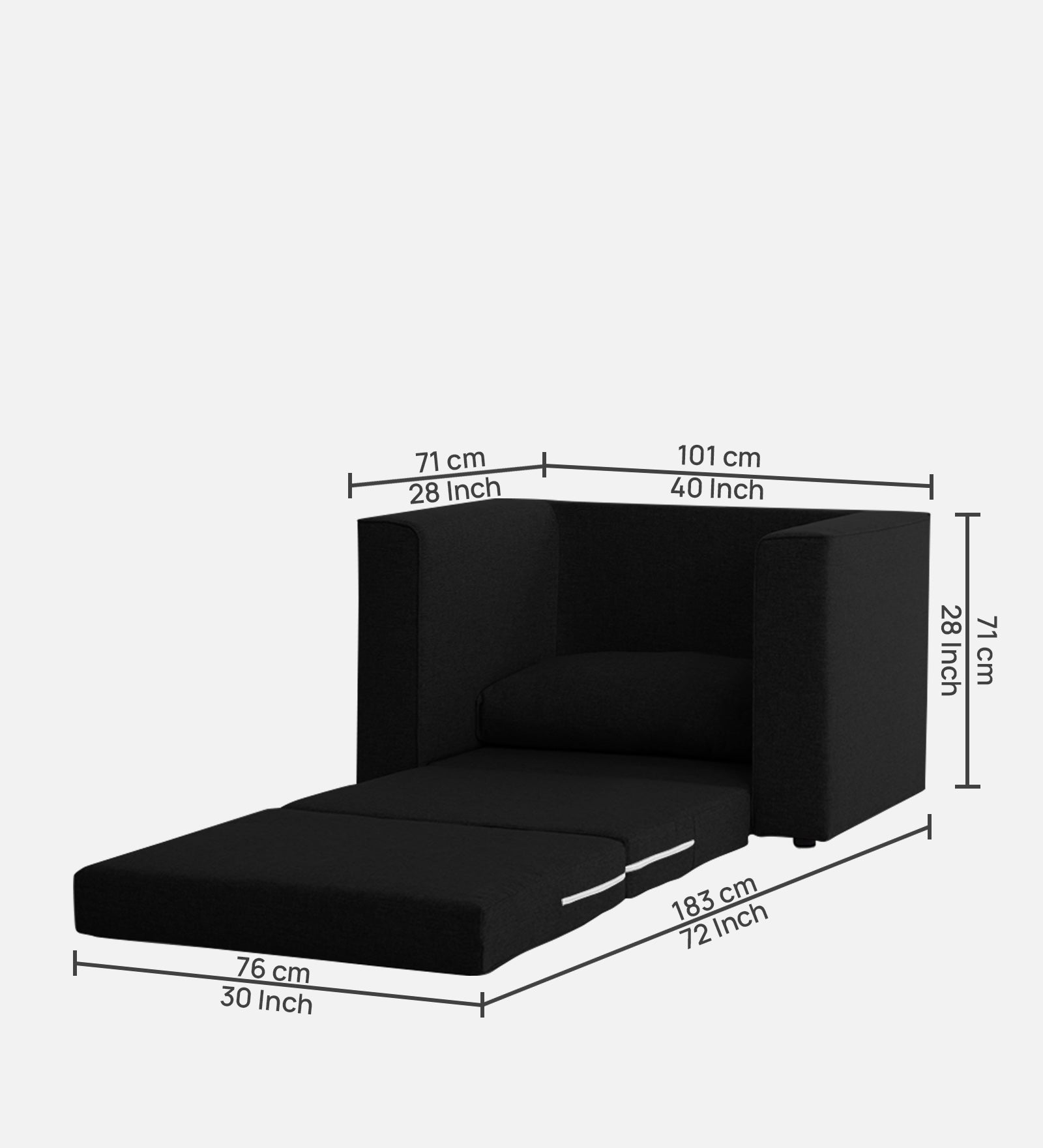 Kenia Fabric 1 Seater Convertible Sofa Cum Bed in Zed Black Colour