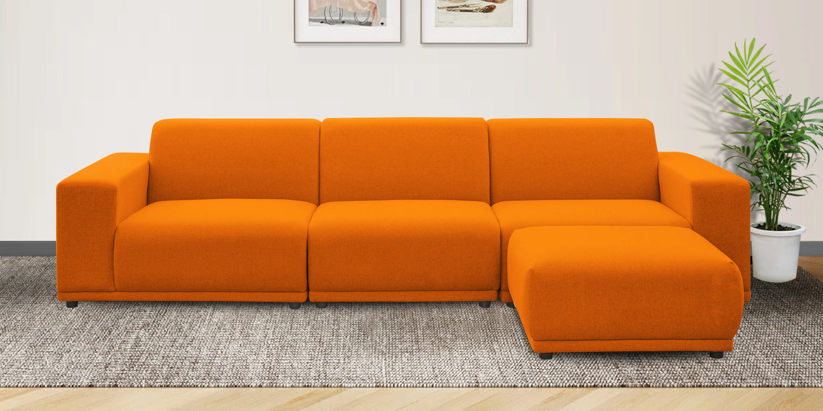 Adam Fabric LHS Sectional Sofa (3 + Lounger) In Vivid Orange Colour