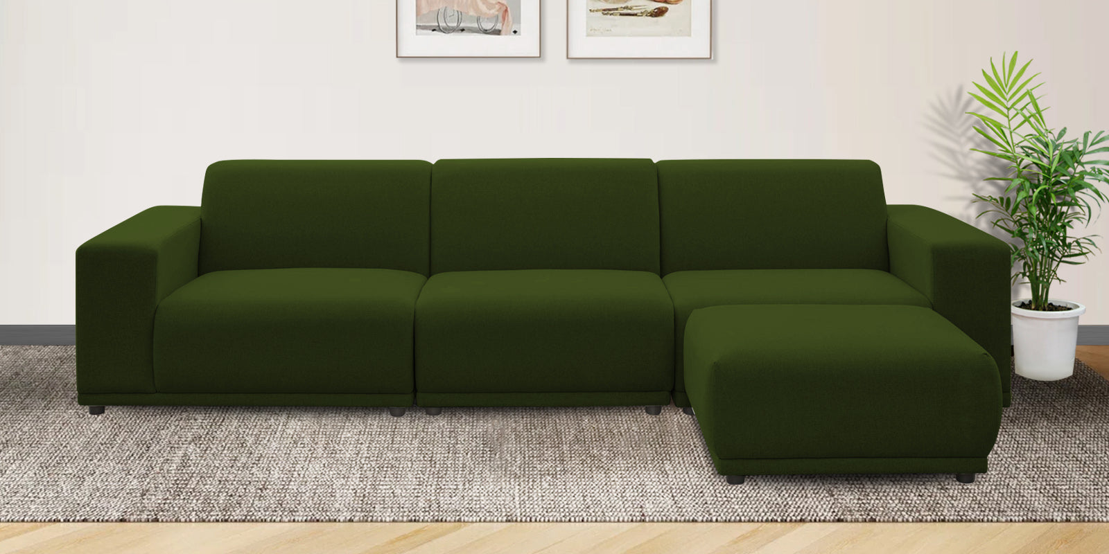 Adam Fabric LHS Sectional Sofa (3 + Lounger) In Olive Green Colour