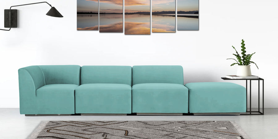 Bufa Velvet Rhs Sectional Sofa In Aqua Blue Colour With Ottoman - Febonic Living