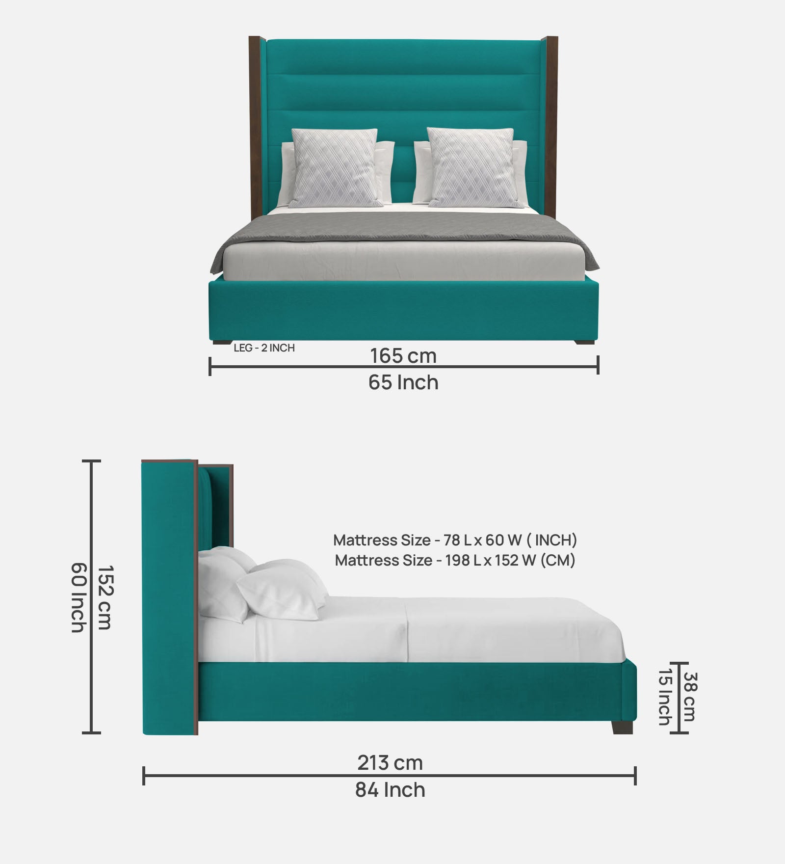 Sunny Fabric Queen Size Bed In Sea Green Colour