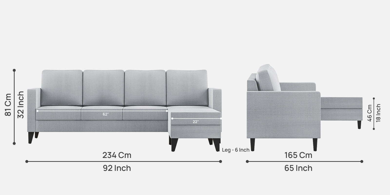 Nori Fabric LHS Sectional Sofa (3 + Lounger) In Coin Grey Colour