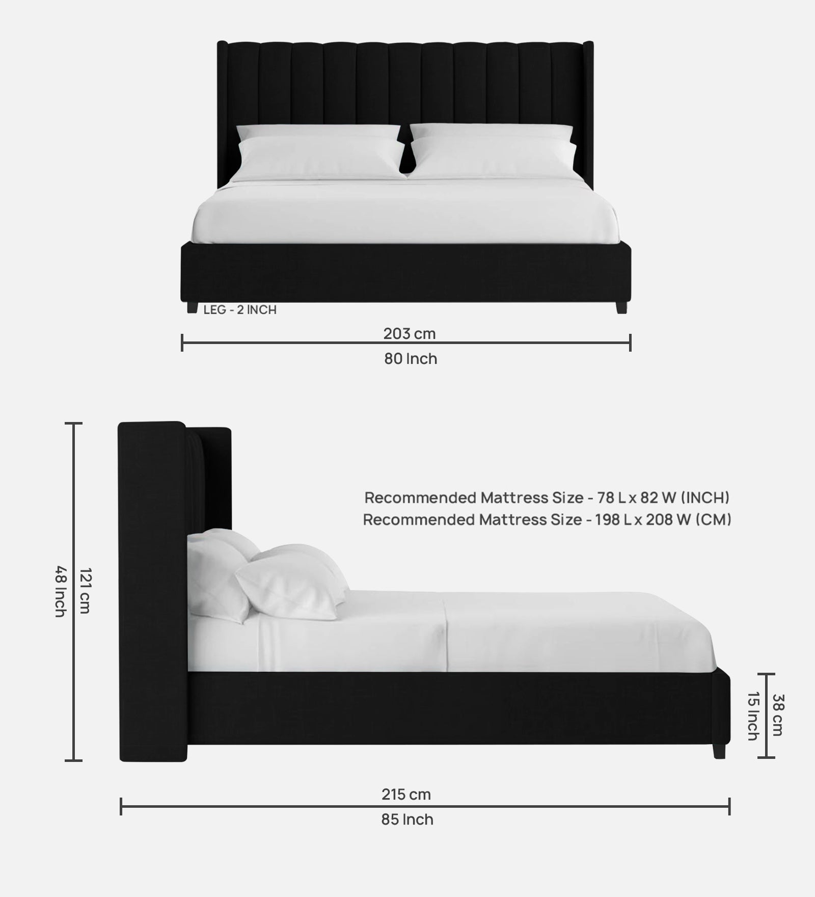 Colina Fabric King Size Bed In Zed Black Colour With Box Storage