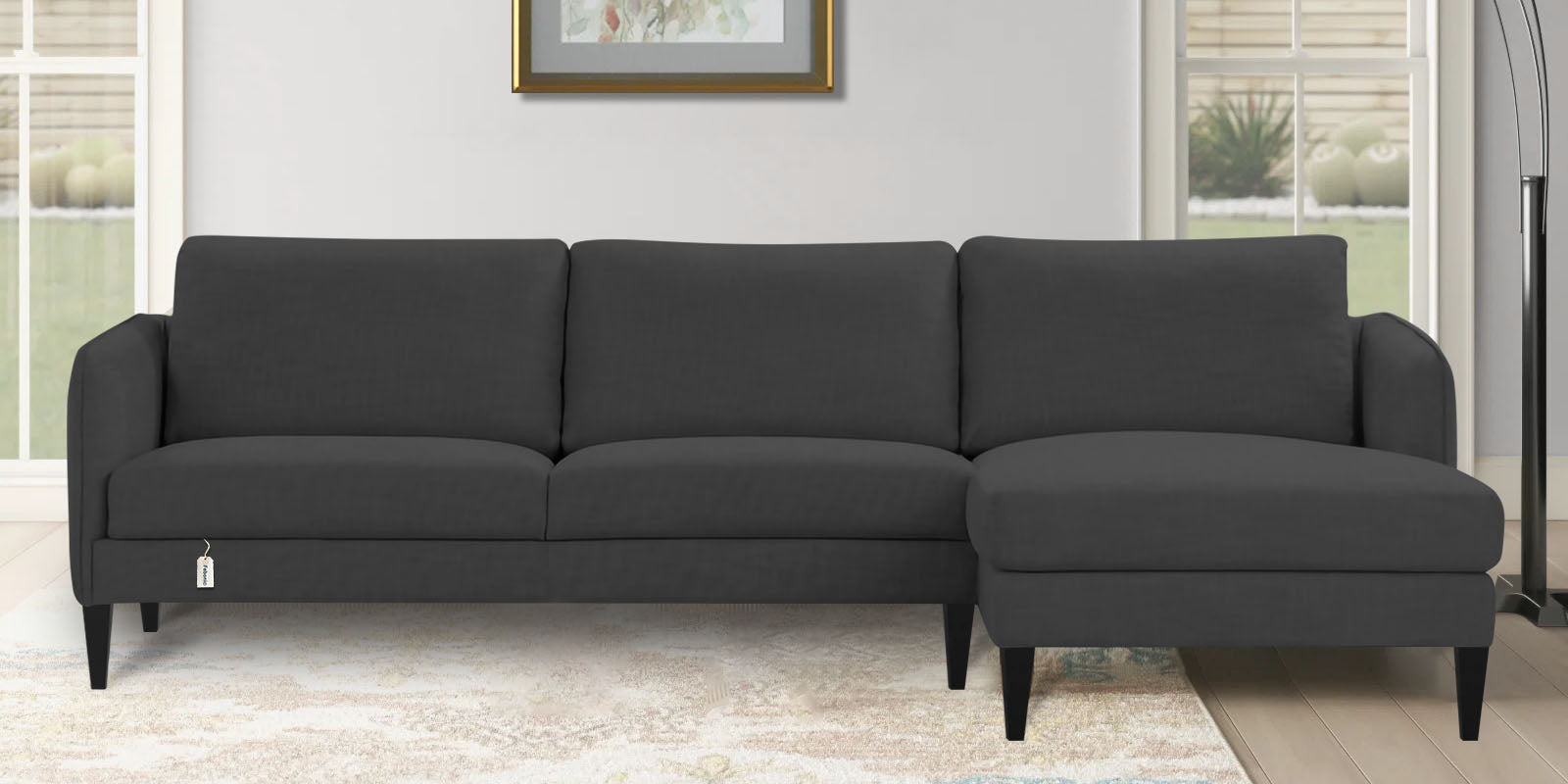 Piku Fabric LHS Sectional Sofa (3+Lounger) in Charcoal Grey Colour