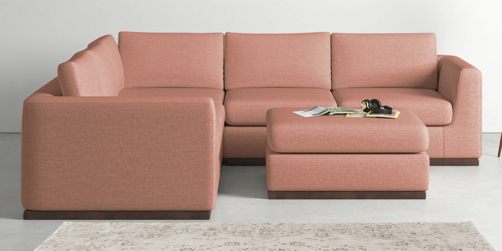 Freedom Velvet 6 Seater LHS Sectional Sofa In Blush Pink Colour With Ottoman