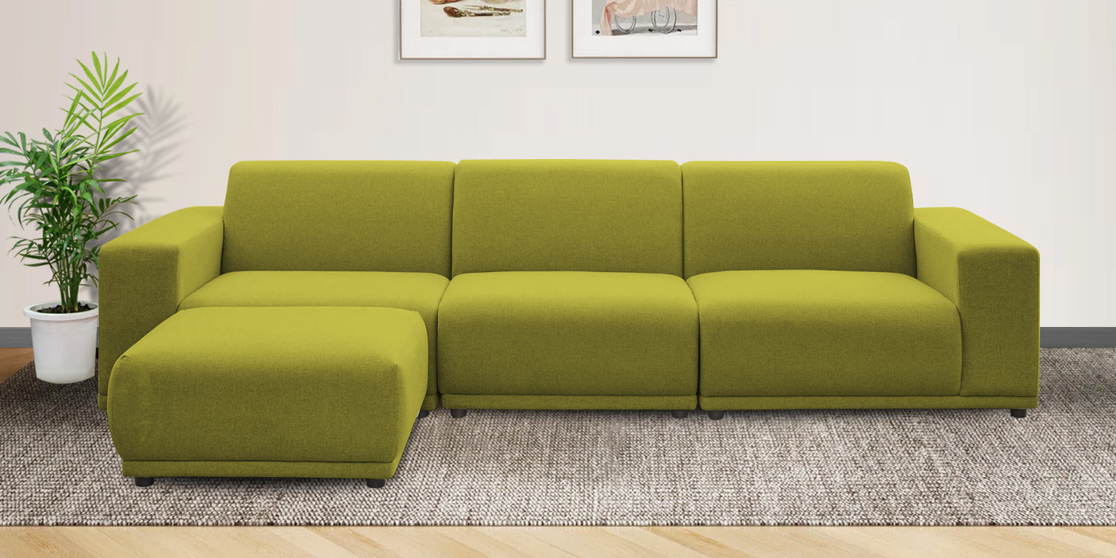 Adam Fabric LHS Sectional Sofa (3 + Lounger) In Parrot Green Colour