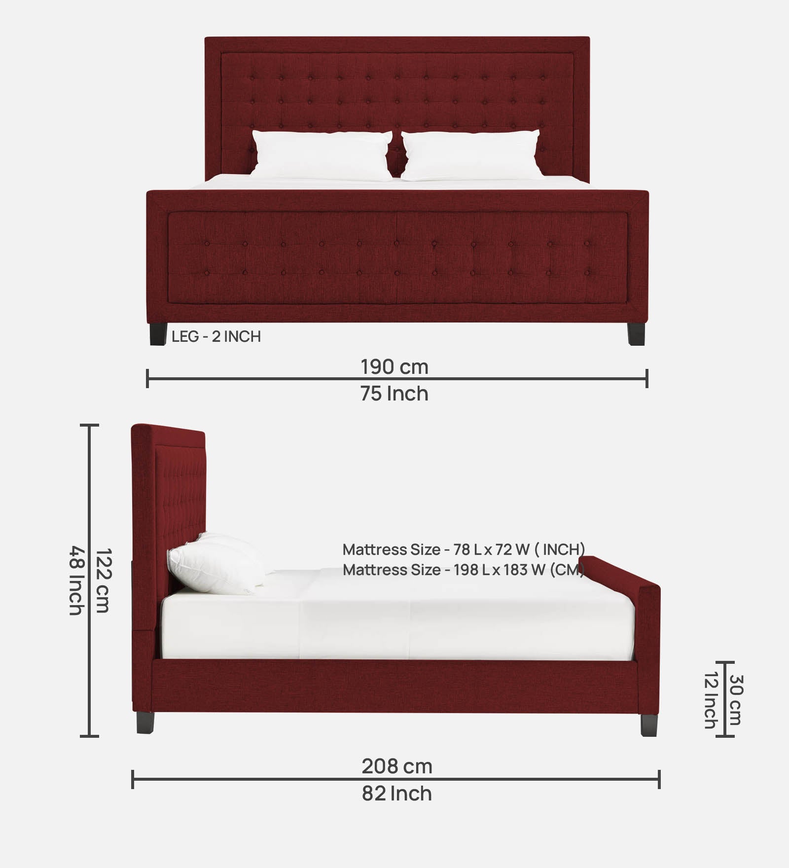 Kaster Fabric King Size Bed In Blood Maroon Colour