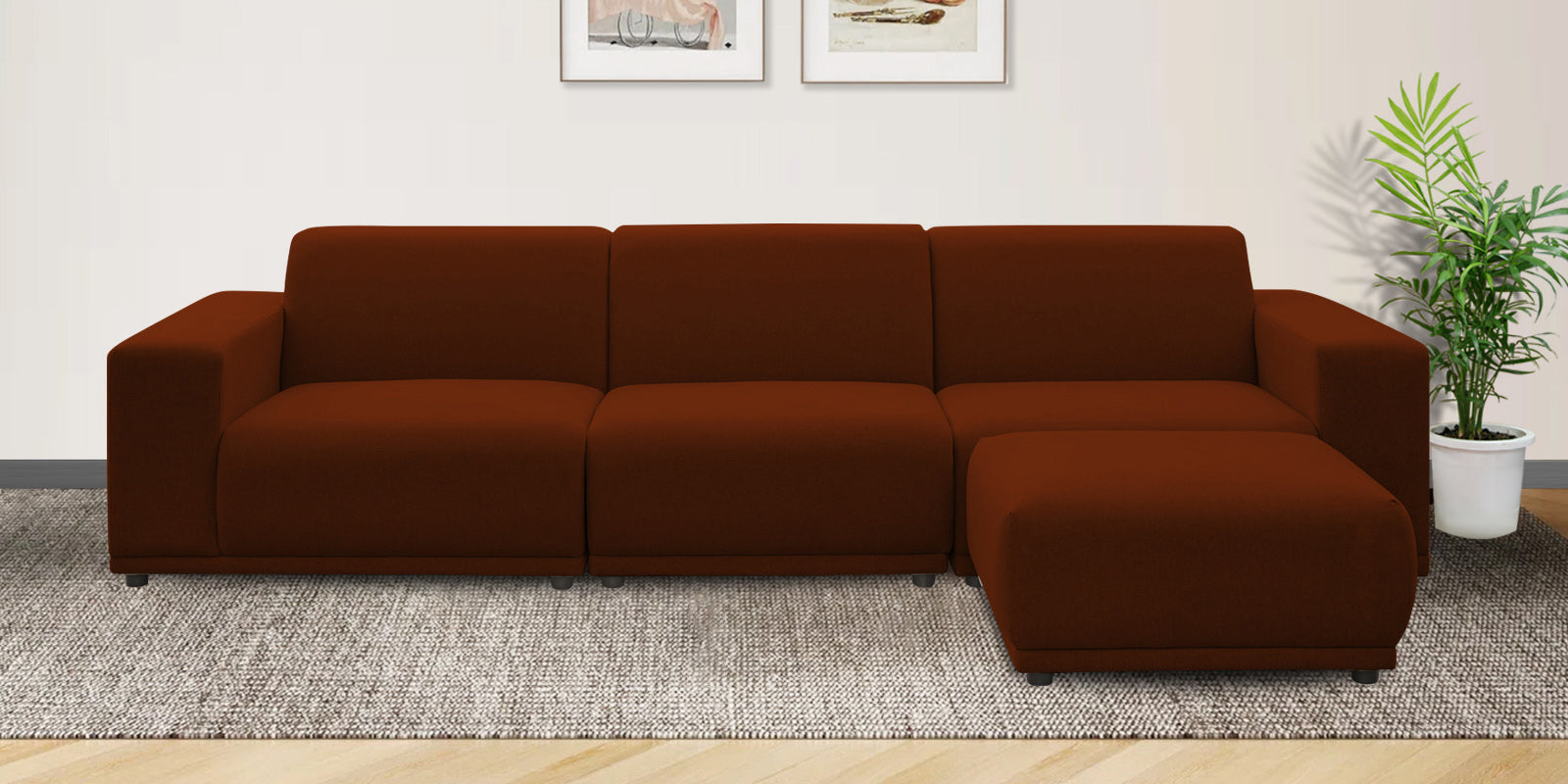 Adam Fabric RHS Sectional Sofa (3 + Lounger) In Burnt Orange Colour