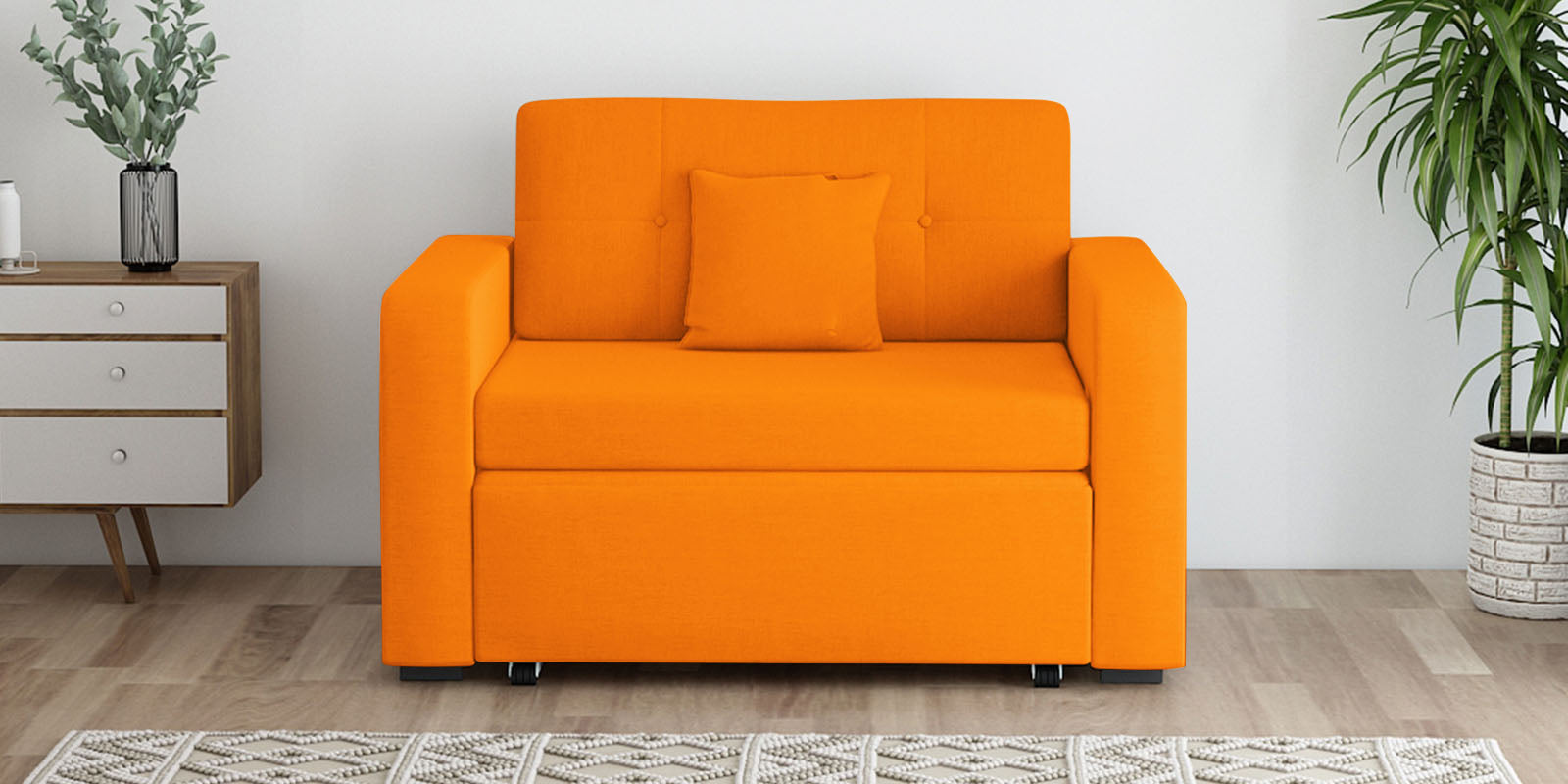 Rocky Fabric 2 Seater Pull Out Sofa Cum Bed In Vivid Orange Colour With Storage