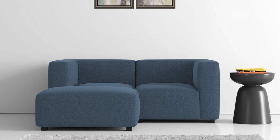 Dora Velvet Rhs Sectional Sofa 2 Ottoman Lounger In Oxford Blue Colour - Febonic Living