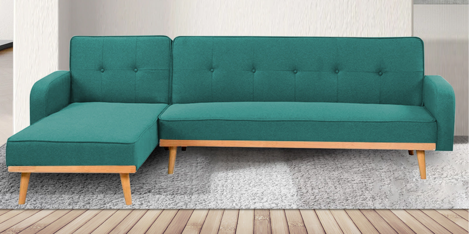 Zuno Fabric RHS Sectional + Sofa Cum Bed In Sea Green Colour