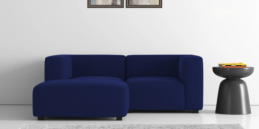 Dora Velvet Rhs Sectional Sofa 2 Ottoman Lounger In Indigo Blue Colour - Febonic Living