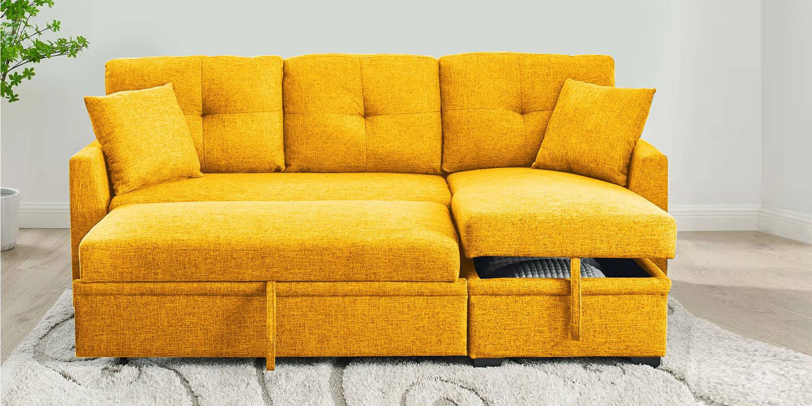 Jody Fabric 3 Seater Pull Out Sofa Cum Bed In Bold Yellow Colour