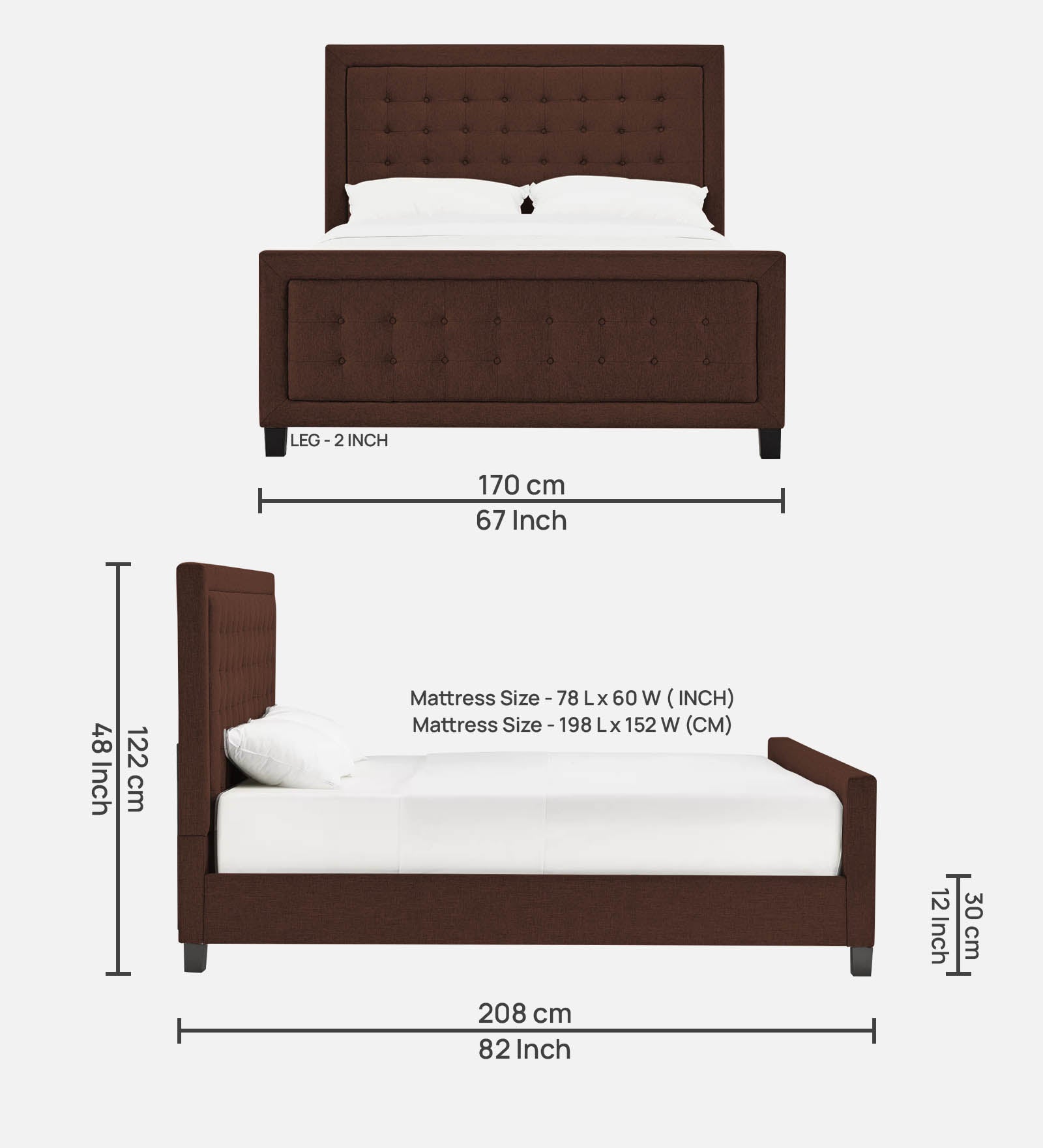 Kaster Fabric Queen Size Bed In Coffee Brown Colour