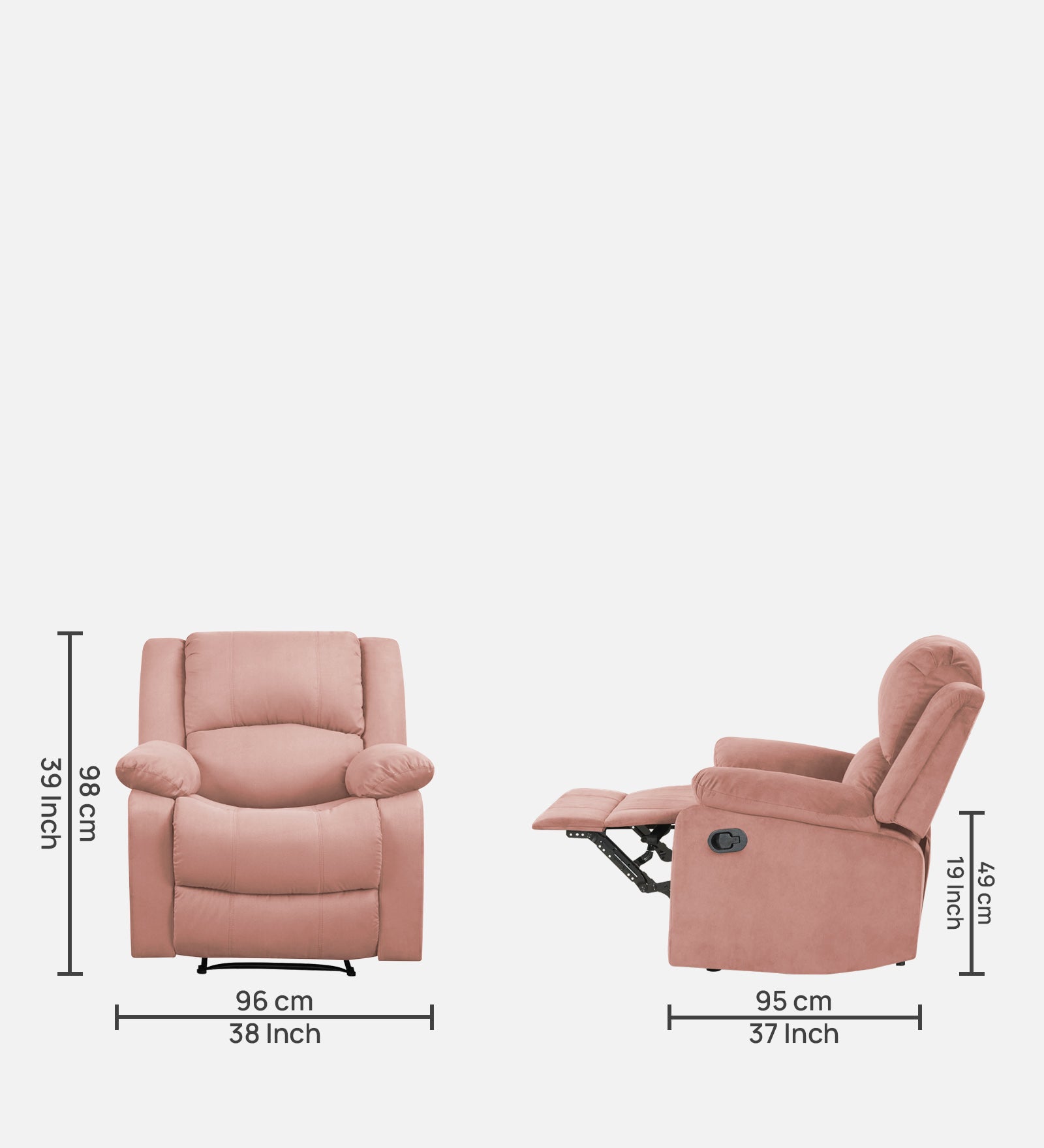 Henry Velvet Manual 1 Seater Recliner In Blush pink Colour