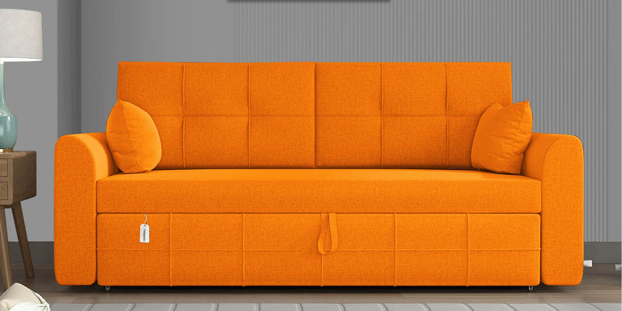 Ines Velvet 3 Seater Pull Out Sofa Cum Bed In Vivid Orange Colour With Storage - Febonic Living