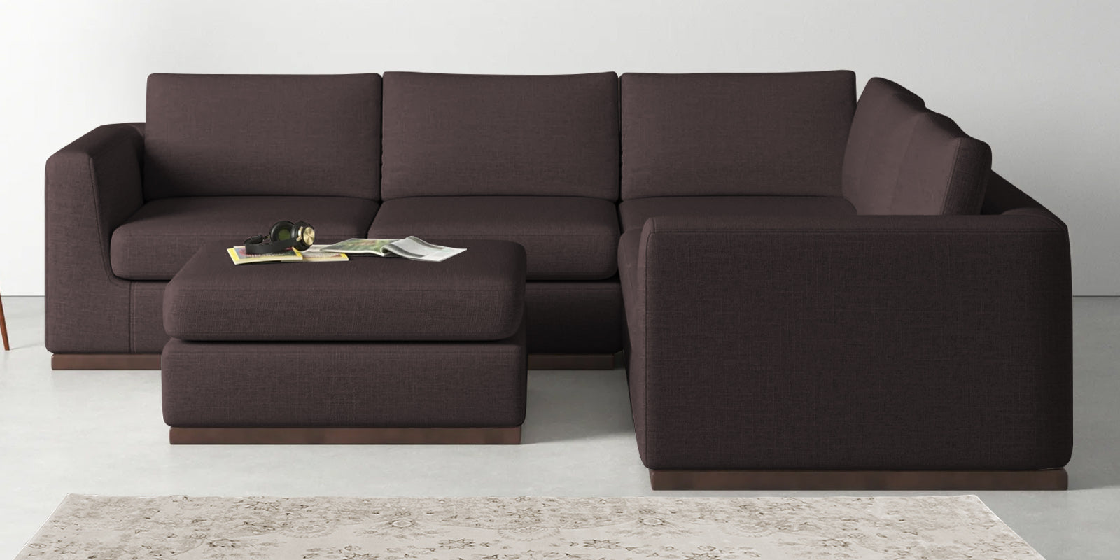 Freedom Velvet 6 Seater RHS Sectional Sofa In Mocha Brown Colour With Ottoman