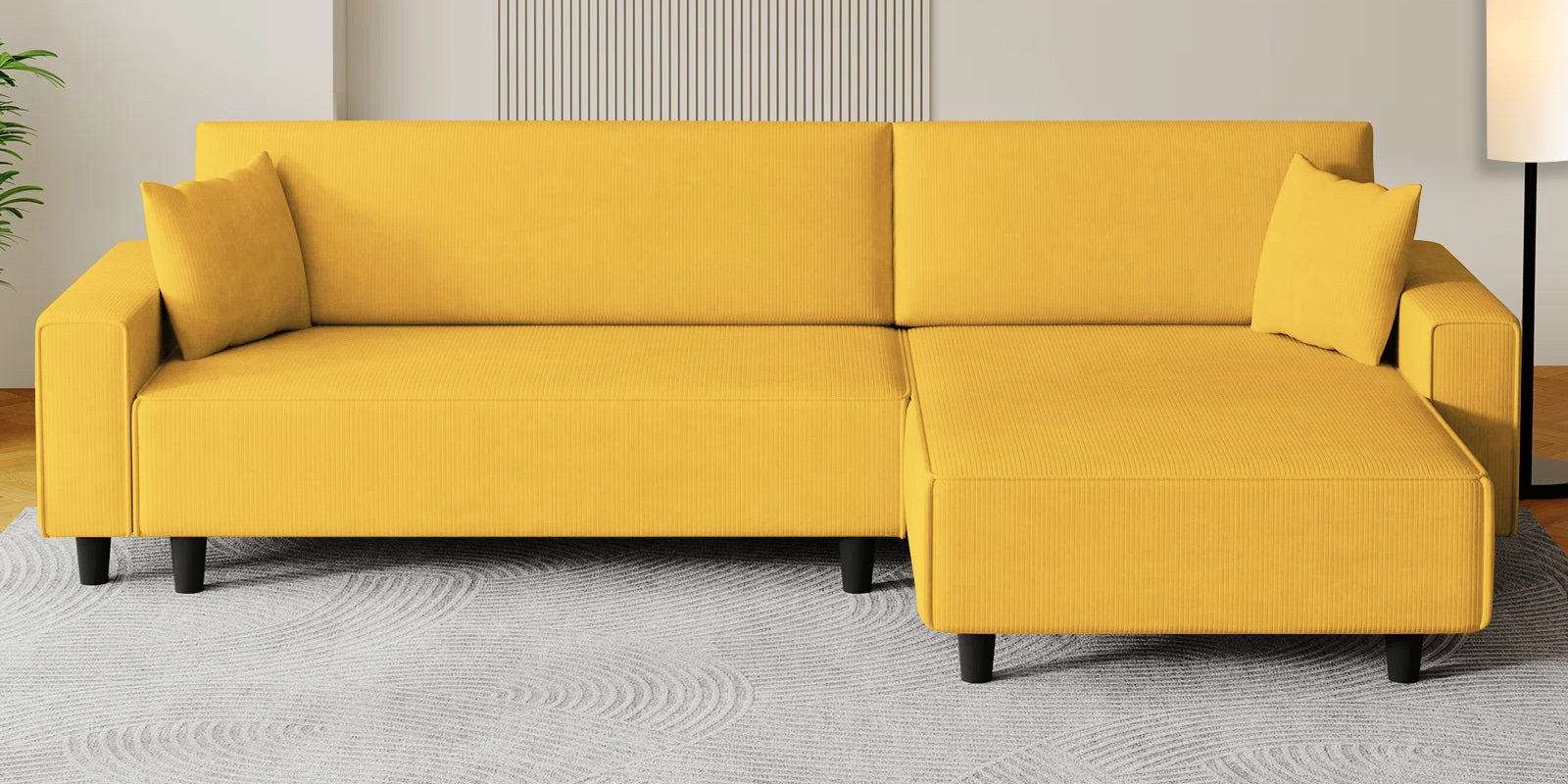 Peach Fabric LHS 6 Seater Sectional Sofa Cum Bed With Storage In Bold Yellow Colour