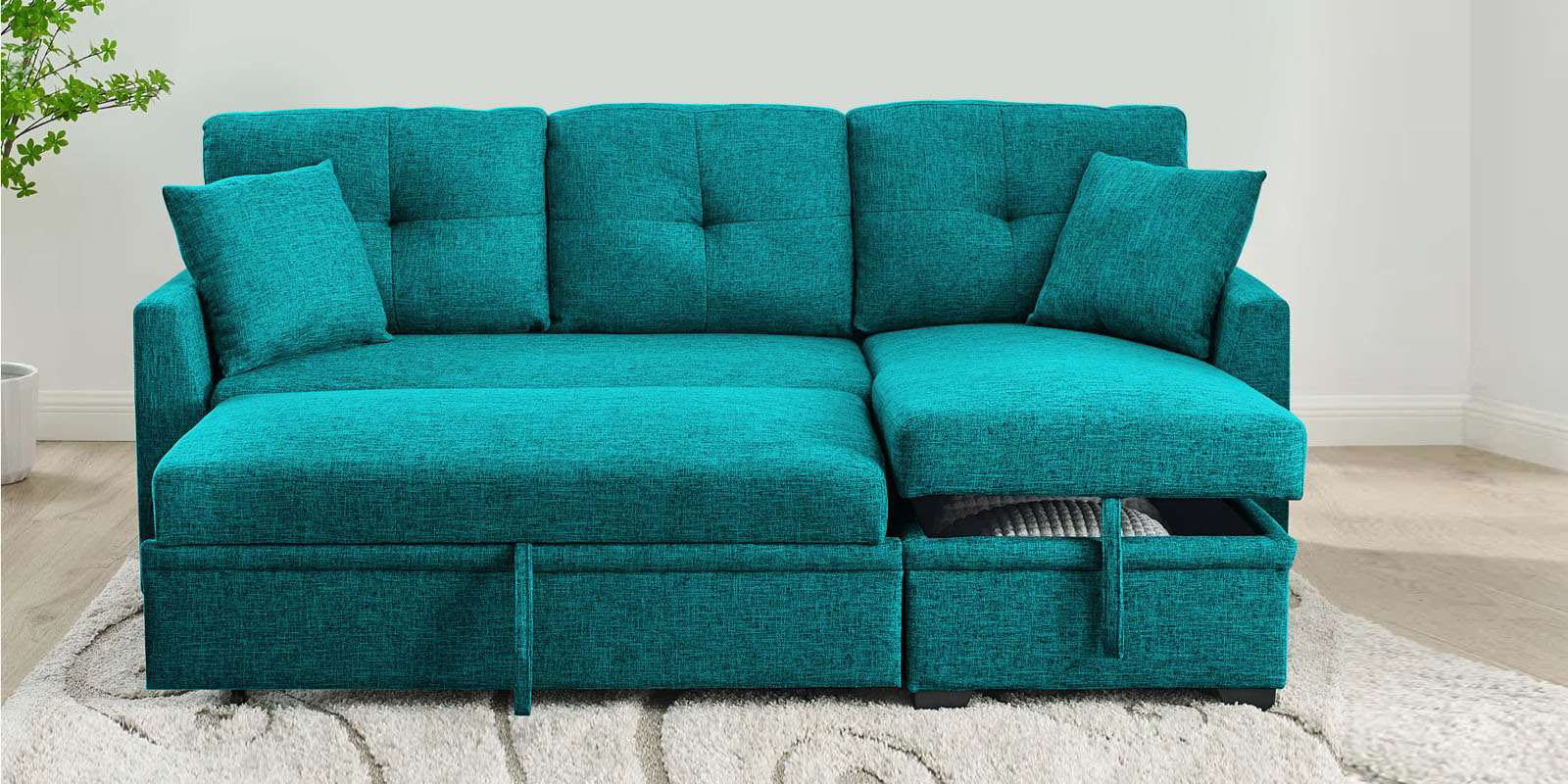 Jody Fabric 3 Seater Pull Out Sofa Cum Bed In Sea Green Colour