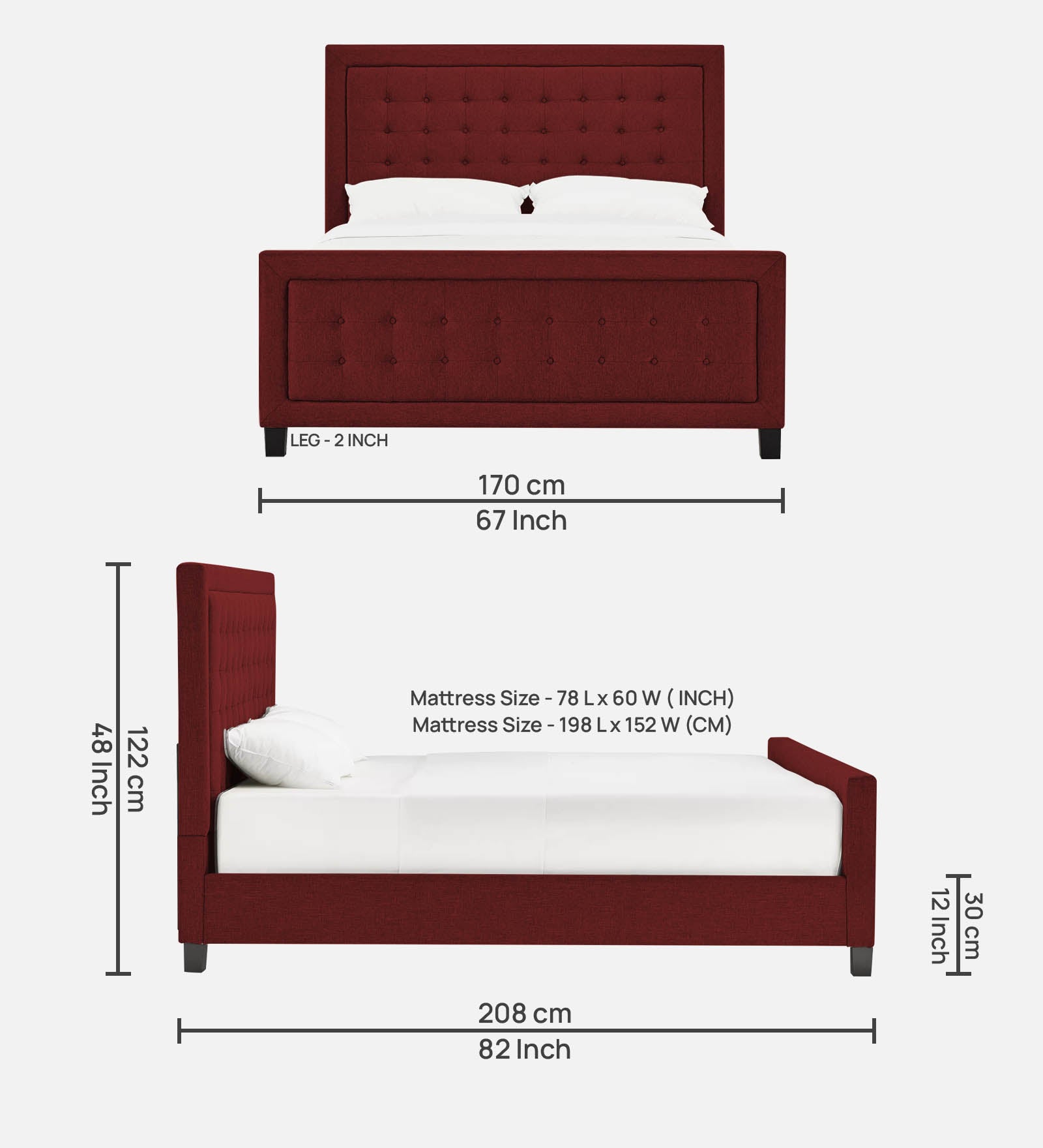 Kaster Fabric Queen Size Bed In Blood Maroon Colour