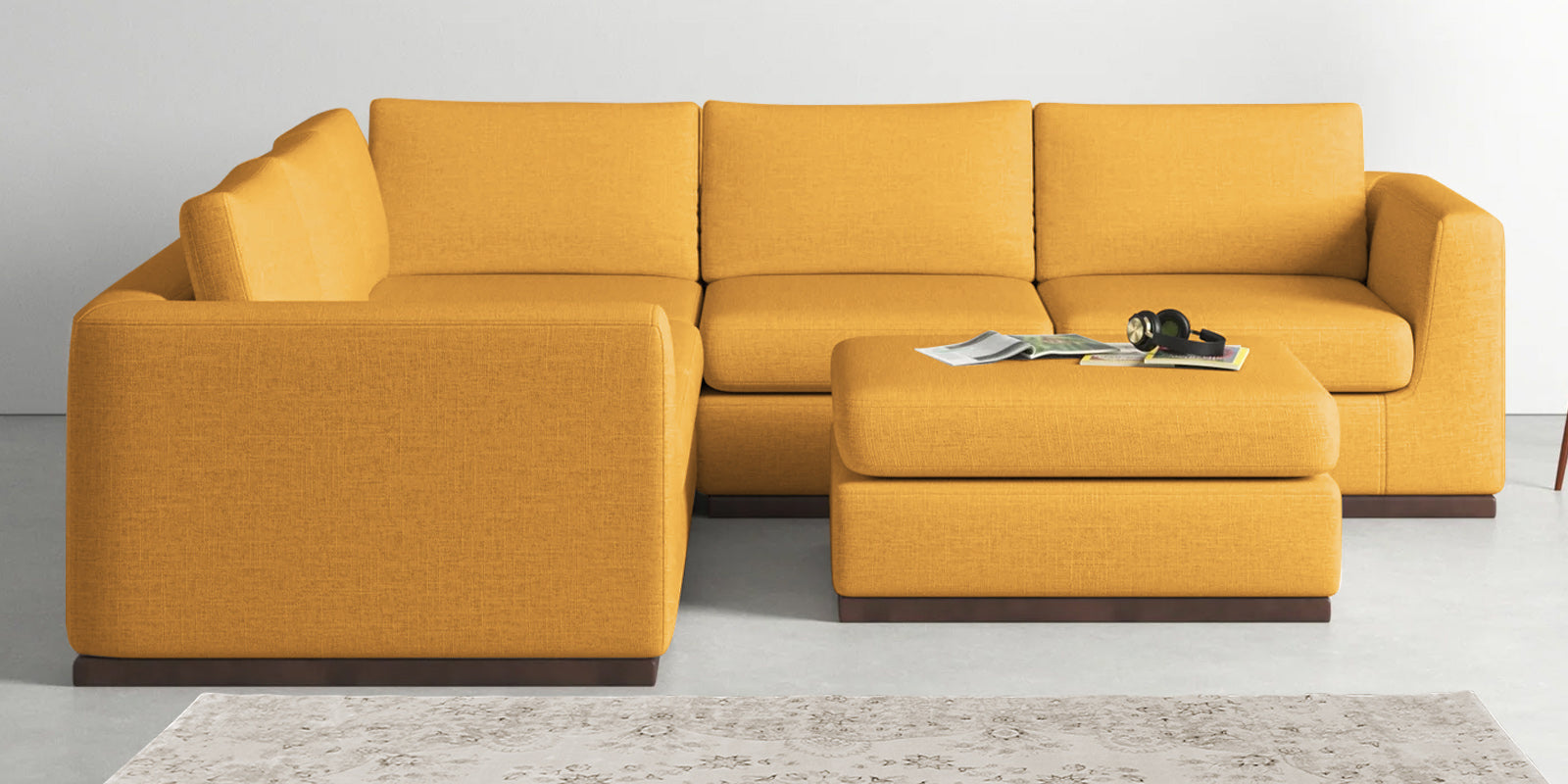 Freedom Velvet 6 Seater LHS Sectional Sofa In Turmeric Yellow Colour With Ottoman