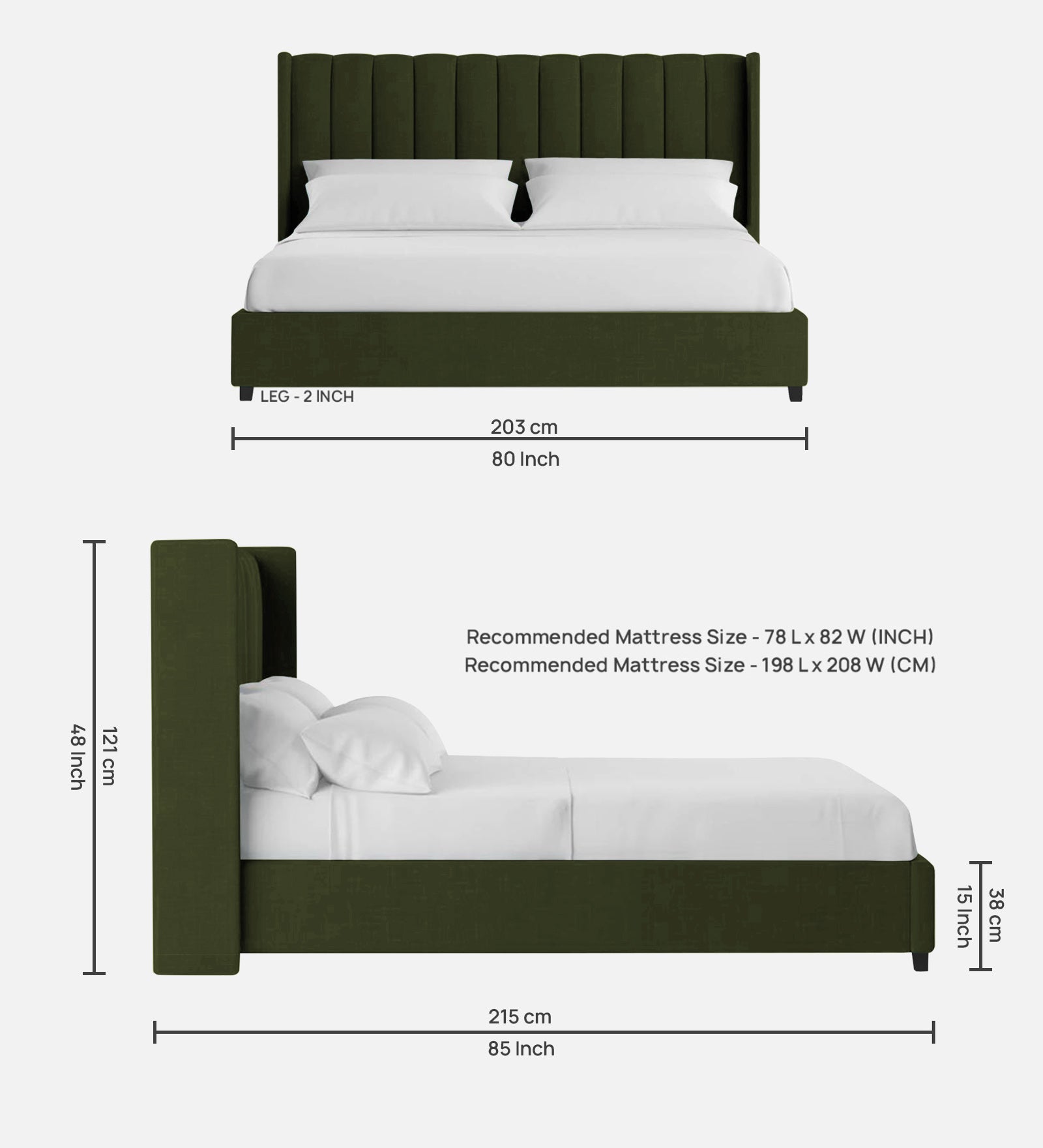 Colina Fabric King Size Bed In Olive Green Colour With Box Storage