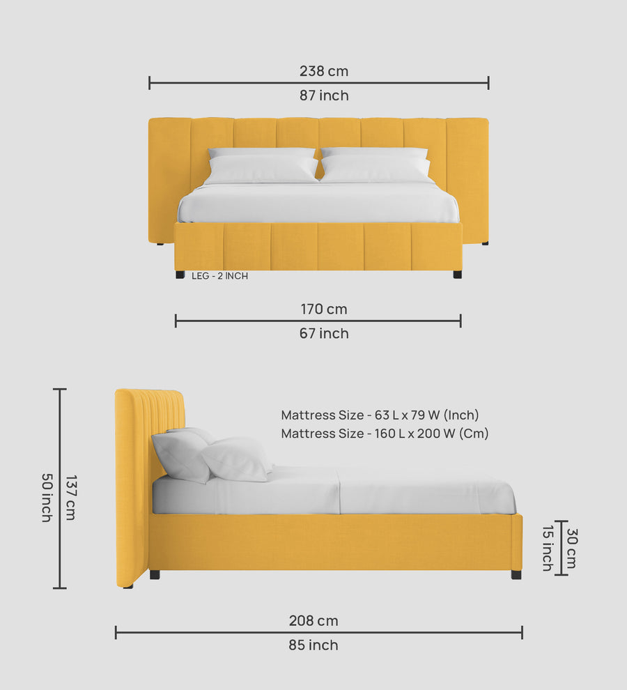 Nora Fabric Upholstered Queen Size Bed In Bold Yellow Colour With Box Storage - Febonic Living