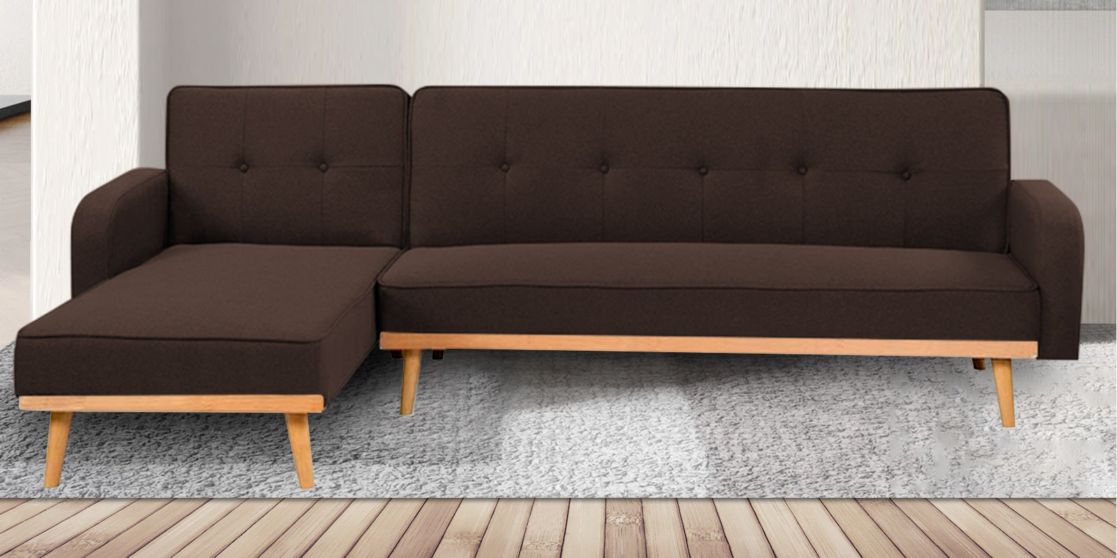 Zuno Fabric RHS Sectional + Sofa Cum Bed In Coffee Brown Colour