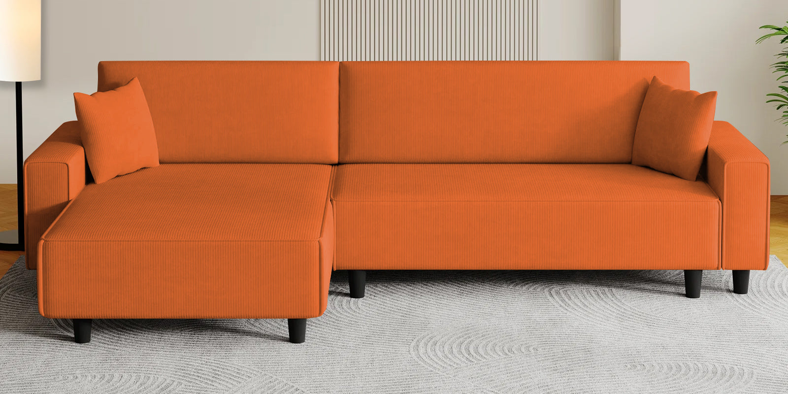 Peach Fabric RHS 6 Seater Sectional Sofa Cum Bed With Storage In Vivid Orange Colour