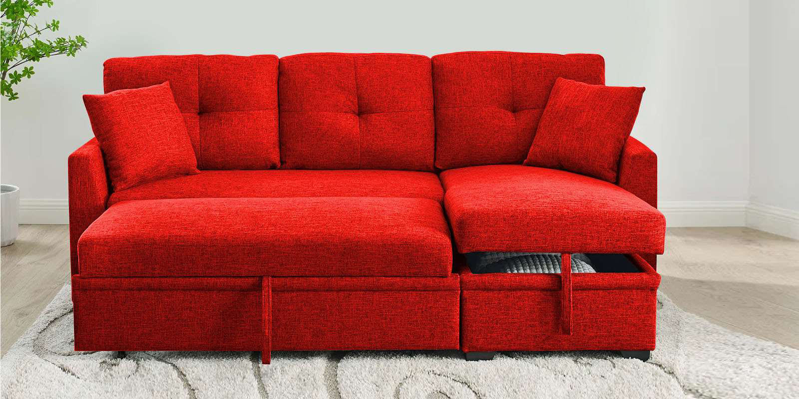 Jody Fabric 3 Seater Pull Out Sofa Cum Bed In Ruby Red Colour