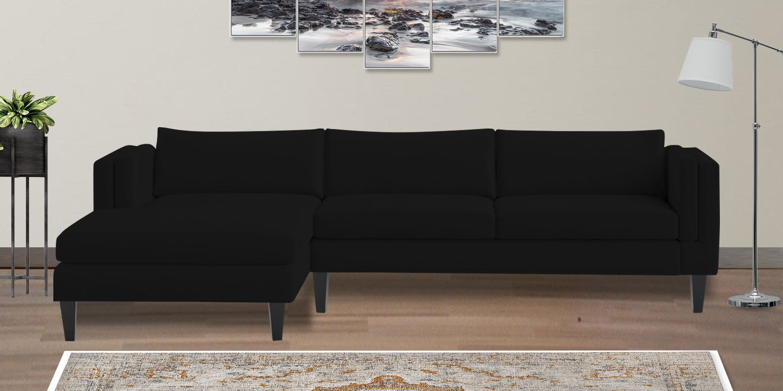 Jasper Velvet RHS Sectional Sofa (3+Lounger) in Adam Black Colour