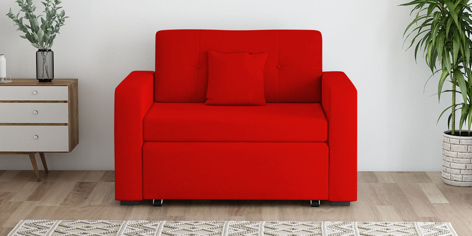 Rocky Fabric 2 Seater Pull Out Sofa Cum Bed In Ruby Red Colour With Storage