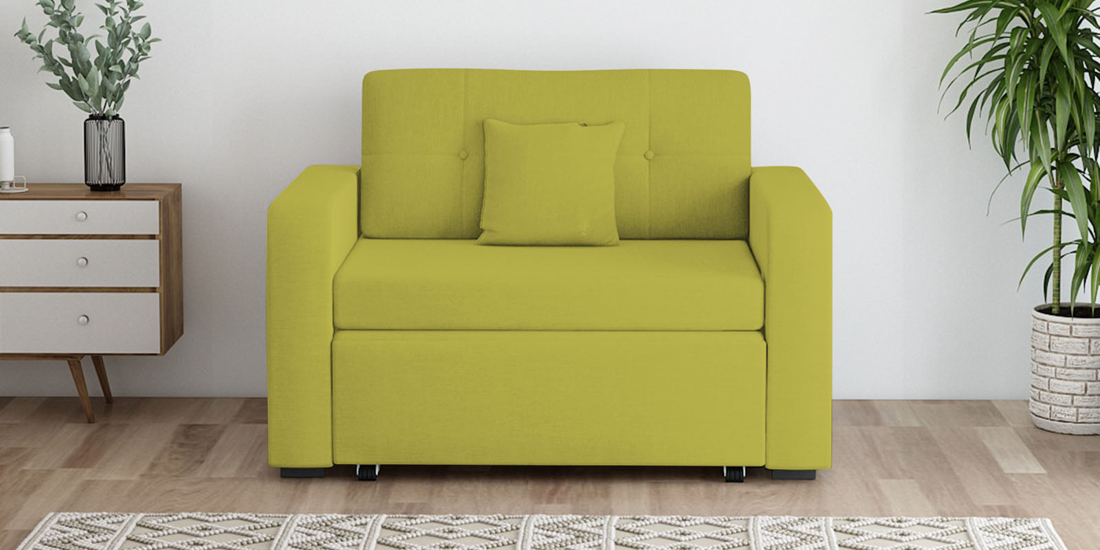 Rocky Fabric 2 Seater Pull Out Sofa Cum Bed In Parrot Green Colour With Storage