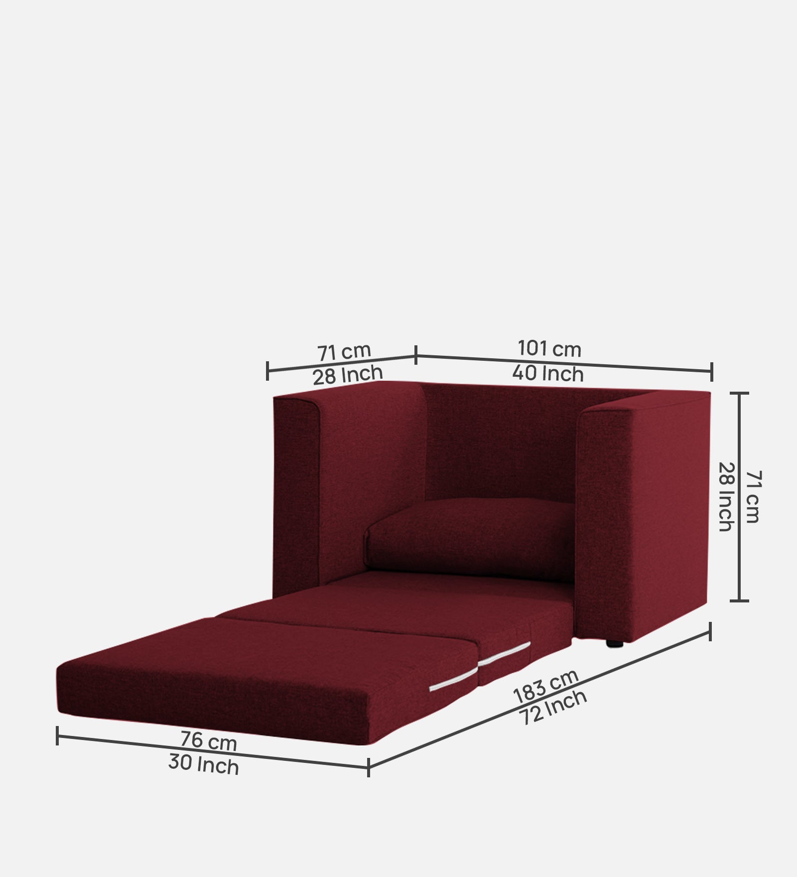 Kenia Fabric 1 Seater Convertible Sofa Cum Bed in Blood Maroon Colour