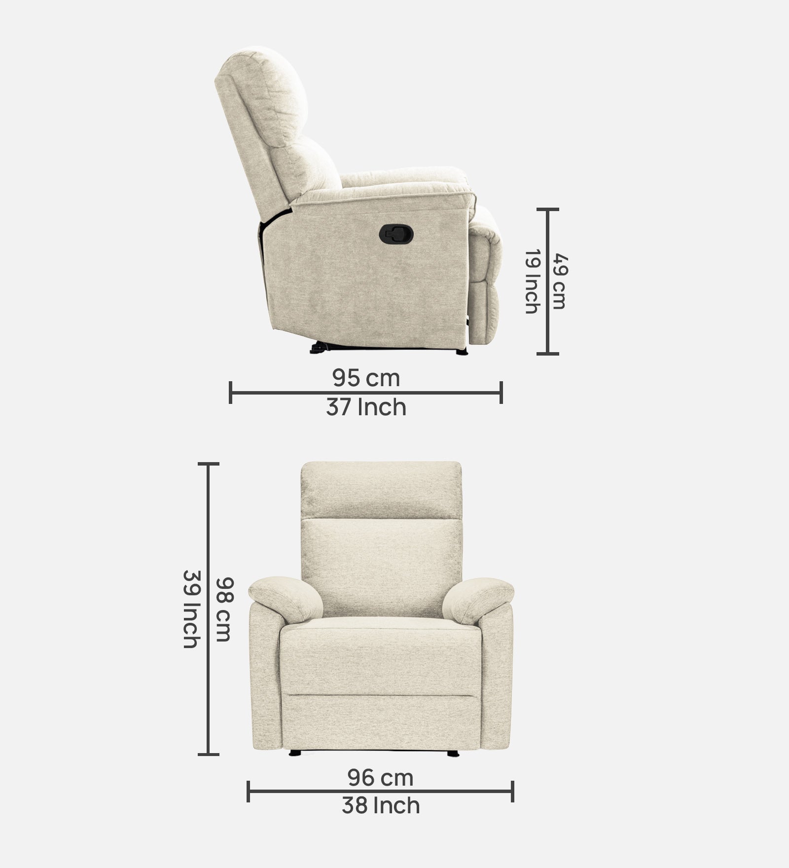 Abby Fabric Manual 1 Seater Recliner In Ivory Cream Colour