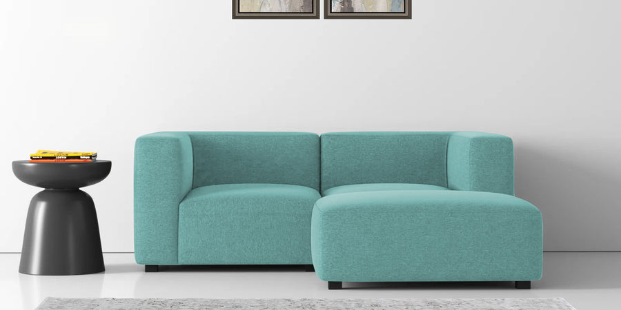 Dora Velvet Lhs Sectional Sofa 2 Ottoman Lounger In Barmunda Aqua Colour - Febonic Living