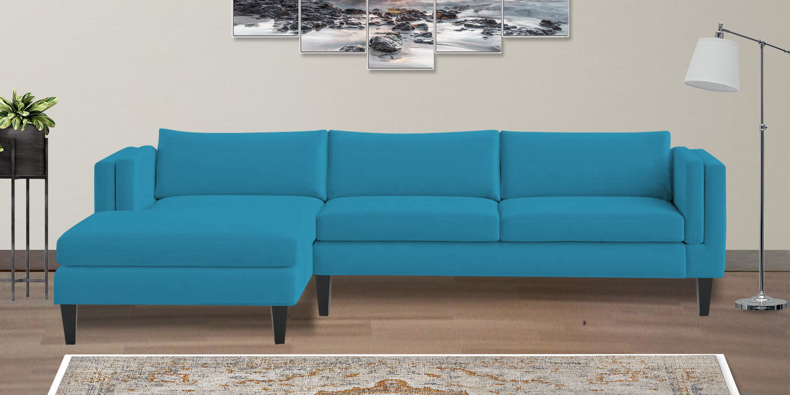 Jasper Velvet RHS Sectional Sofa (3+Lounger) in Aqua blue Colour