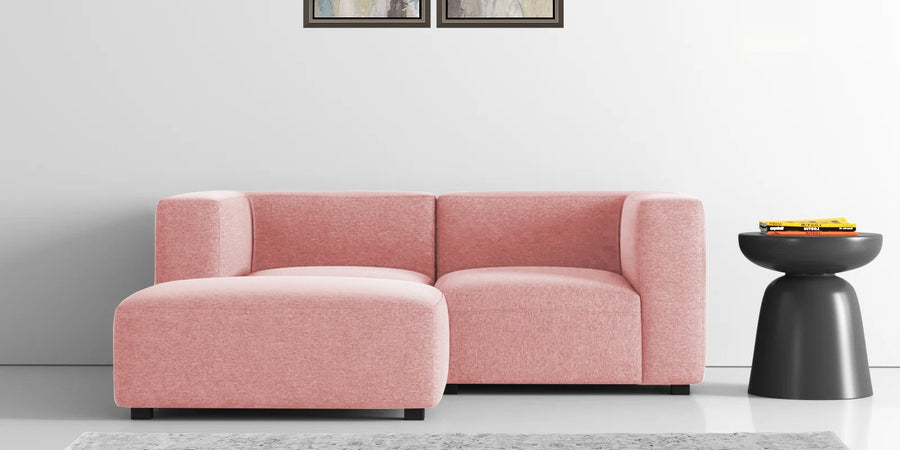 Dora Velvet Rhs Sectional Sofa 2 Ottoman Lounger In Millennial Pink Colour - Febonic Living
